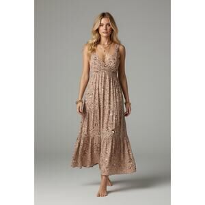 Boho Rayon Tiered Floral Summer Maxi Dress Back Tie Small